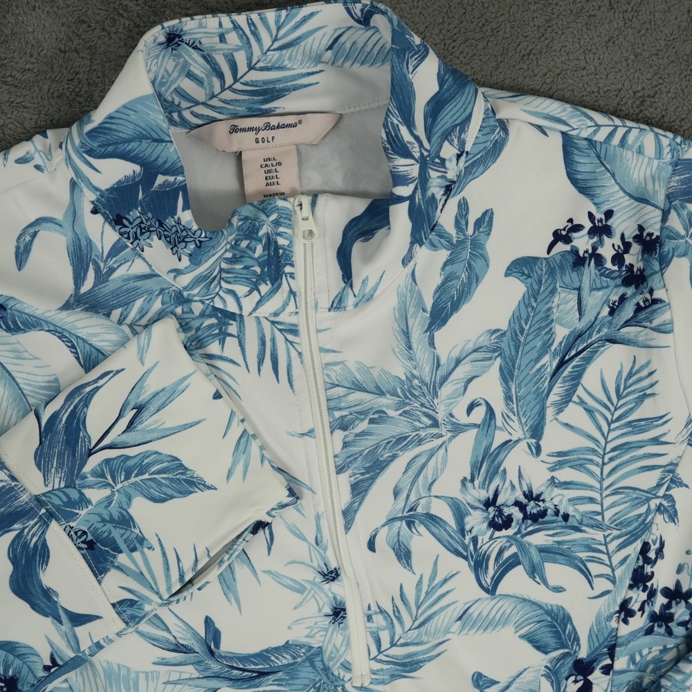 Tommy Bahama Golf Quarter Zip Pullover Womens L White Blue Tropical Leaf Print